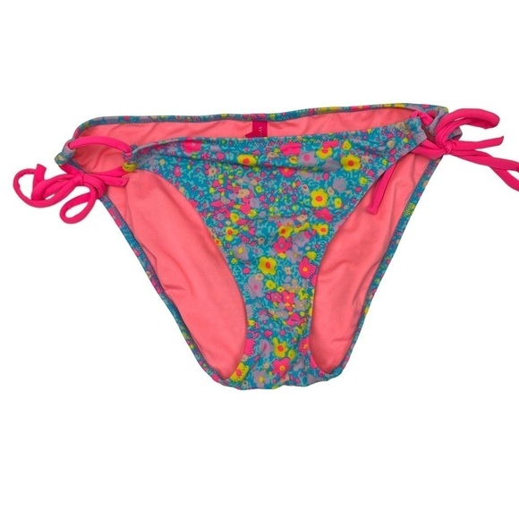 Victorias Secret Sz Large FLORAL BIKINI BOTTOM Blue Pink Side String Tie Swim - Picture 1 of 8